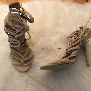 Tan suede lace up heels